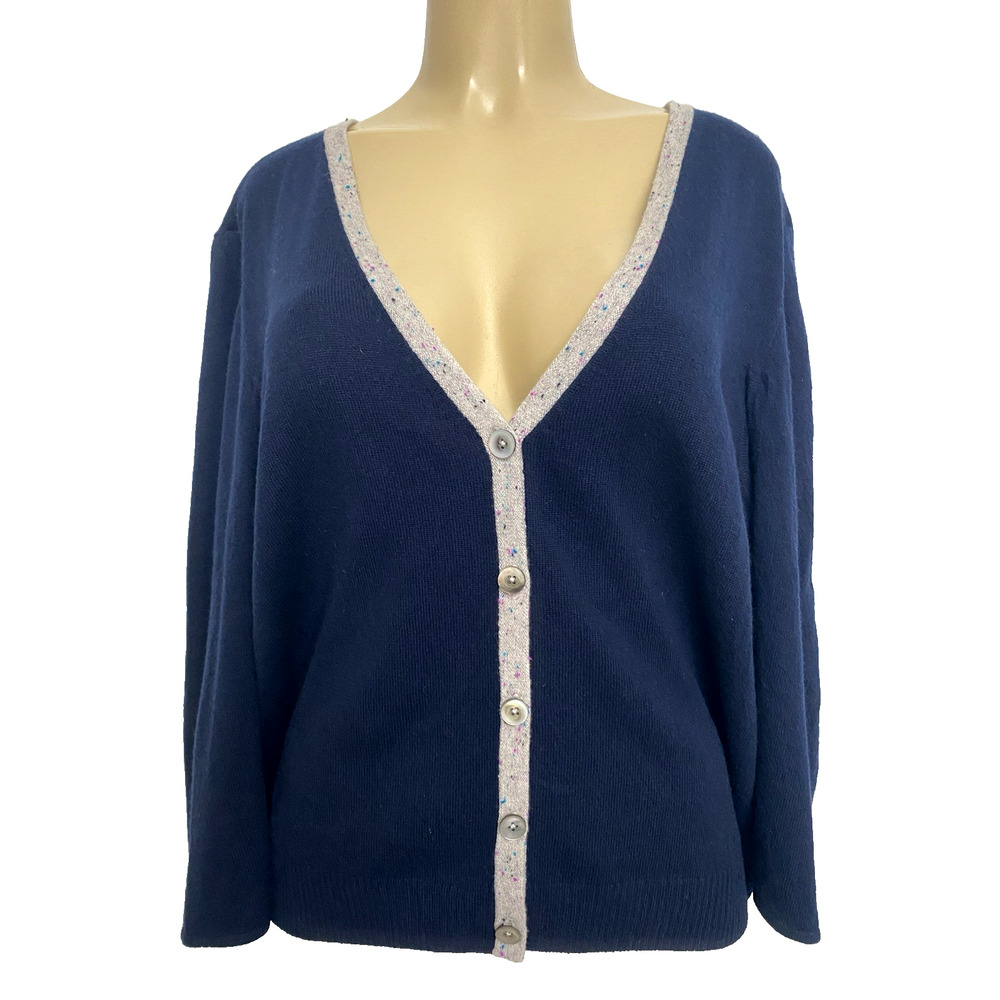 St John Knit Cardigan Sweater Cashmere Cape Navy Blue V Neck Button Down XL